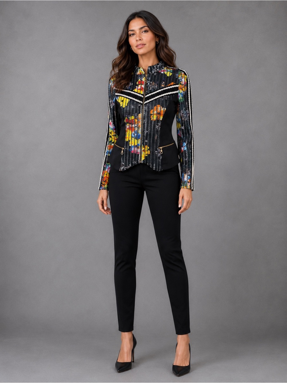 I Too Fashion Mesh Floral Zip-Front Blazer